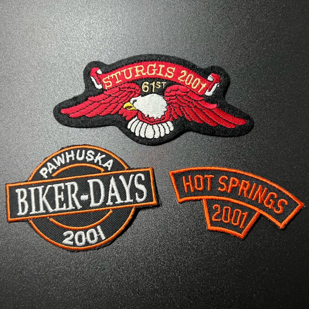 Harley Davidson 2001 Sturgis SD Hot Springs Arkansas & Pawhuska Oklahoma Patches